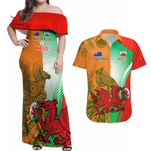 Custom Australia And Wales Rugby Couples Matching Off Shoulder Maxi Dress and Hawaiian Shirt Wallabies Welsh Mascots Dynamic Version