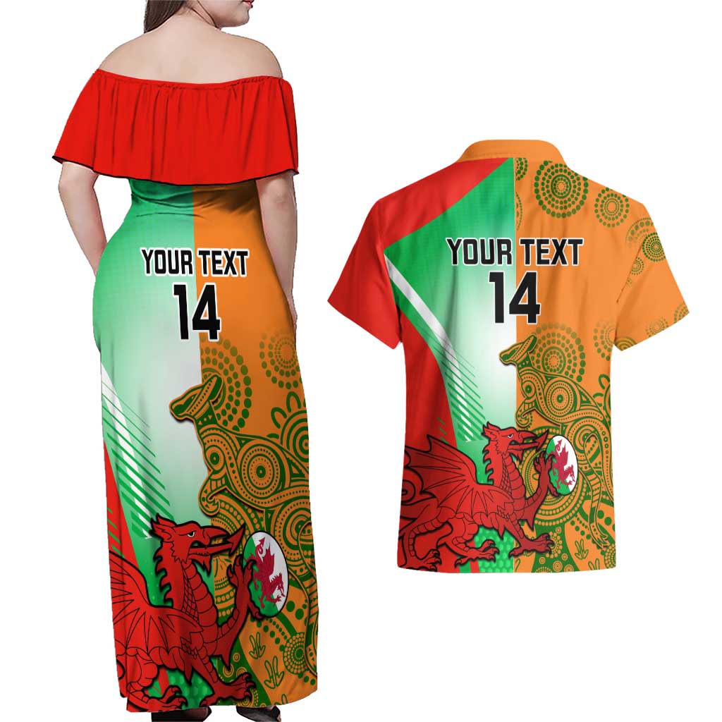 Custom Australia And Wales Rugby Couples Matching Off Shoulder Maxi Dress and Hawaiian Shirt Wallabies Welsh Mascots Dynamic Version