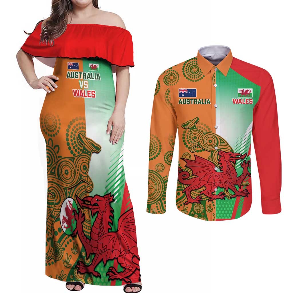 Custom Australia And Wales Rugby Couples Matching Off Shoulder Maxi Dress and Long Sleeve Button Shirt Wallabies Welsh Mascots Dynamic Version