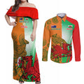 Custom Australia And Wales Rugby Couples Matching Off Shoulder Maxi Dress and Long Sleeve Button Shirt Wallabies Welsh Mascots Dynamic Version