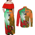 Custom Australia And Wales Rugby Couples Matching Off Shoulder Maxi Dress and Long Sleeve Button Shirt Wallabies Welsh Mascots Dynamic Version