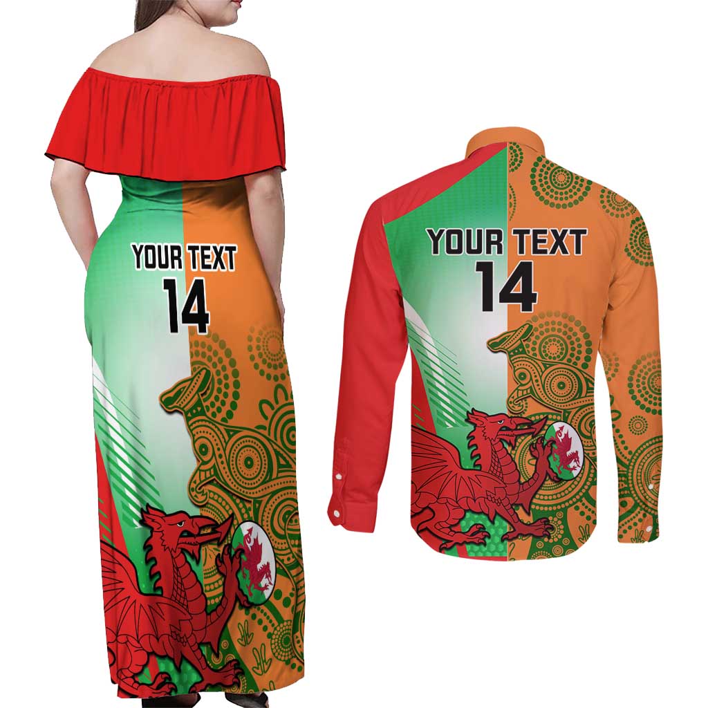 Custom Australia And Wales Rugby Couples Matching Off Shoulder Maxi Dress and Long Sleeve Button Shirt Wallabies Welsh Mascots Dynamic Version