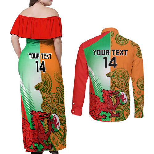 Custom Australia And Wales Rugby Couples Matching Off Shoulder Maxi Dress and Long Sleeve Button Shirt Wallabies Welsh Mascots Dynamic Version