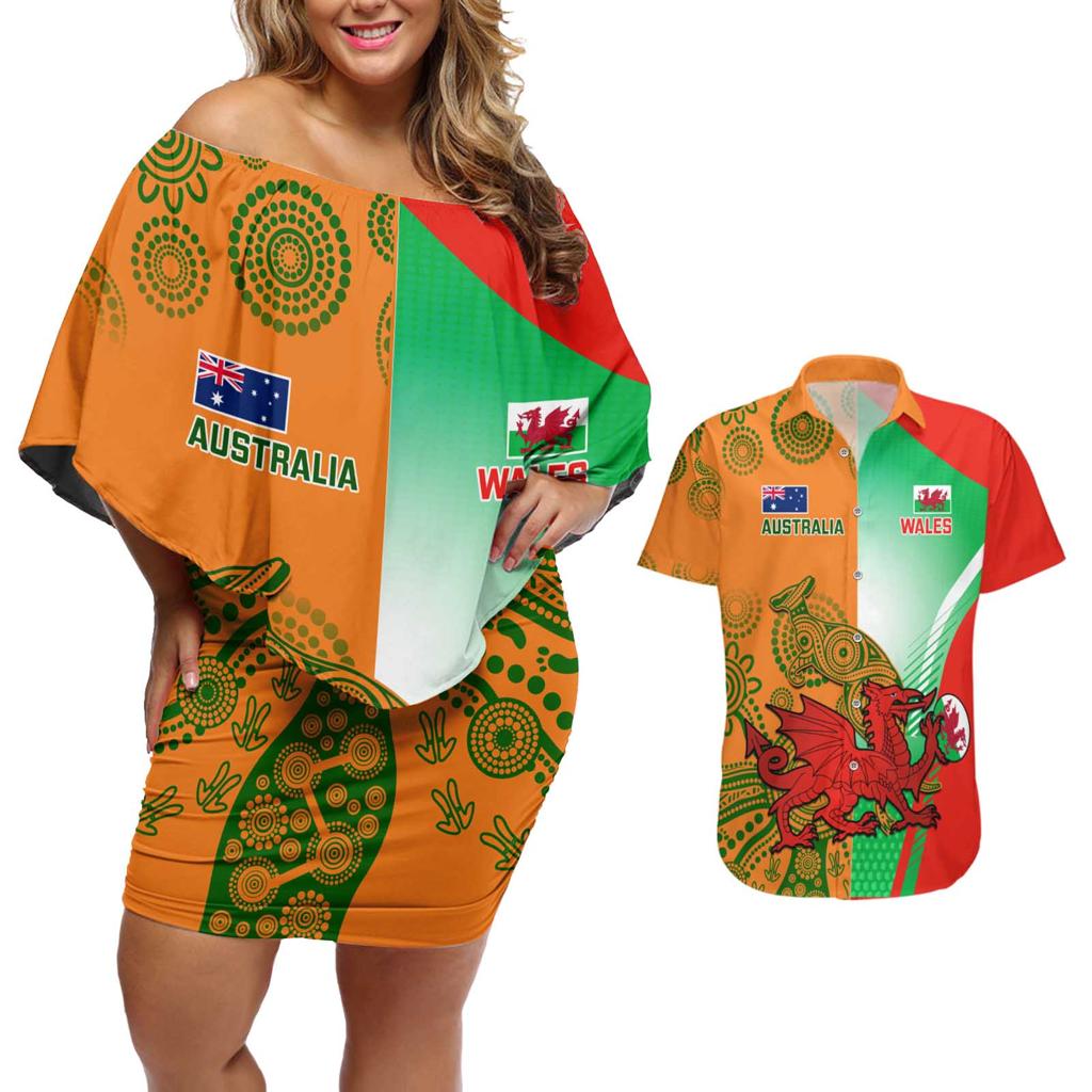 Custom Australia And Wales Rugby Couples Matching Off Shoulder Short Dress and Hawaiian Shirt Wallabies Welsh Mascots Dynamic Version