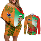 Custom Australia And Wales Rugby Couples Matching Off Shoulder Short Dress and Long Sleeve Button Shirt Wallabies Welsh Mascots Dynamic Version