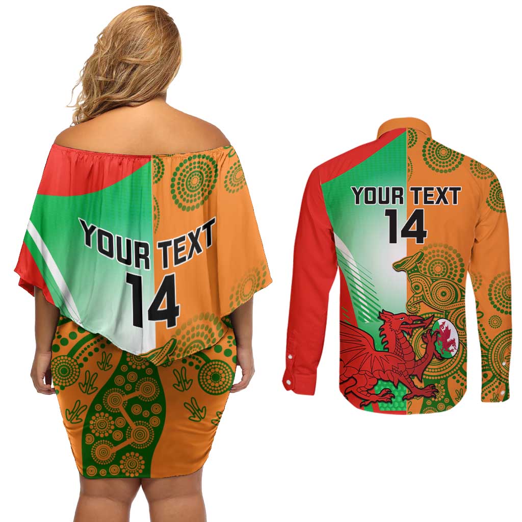 Custom Australia And Wales Rugby Couples Matching Off Shoulder Short Dress and Long Sleeve Button Shirt Wallabies Welsh Mascots Dynamic Version