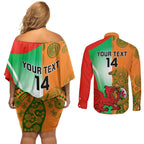 Custom Australia And Wales Rugby Couples Matching Off Shoulder Short Dress and Long Sleeve Button Shirt Wallabies Welsh Mascots Dynamic Version