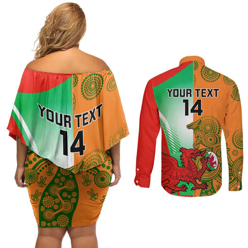 Custom Australia And Wales Rugby Couples Matching Off Shoulder Short Dress and Long Sleeve Button Shirt Wallabies Welsh Mascots Dynamic Version