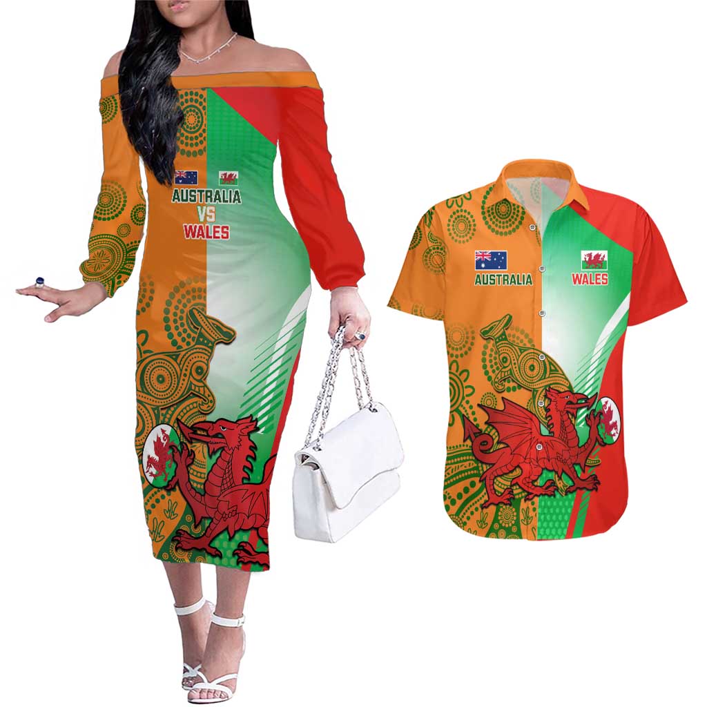 Custom Australia And Wales Rugby Couples Matching Off The Shoulder Long Sleeve Dress and Hawaiian Shirt Wallabies Welsh Mascots Dynamic Version