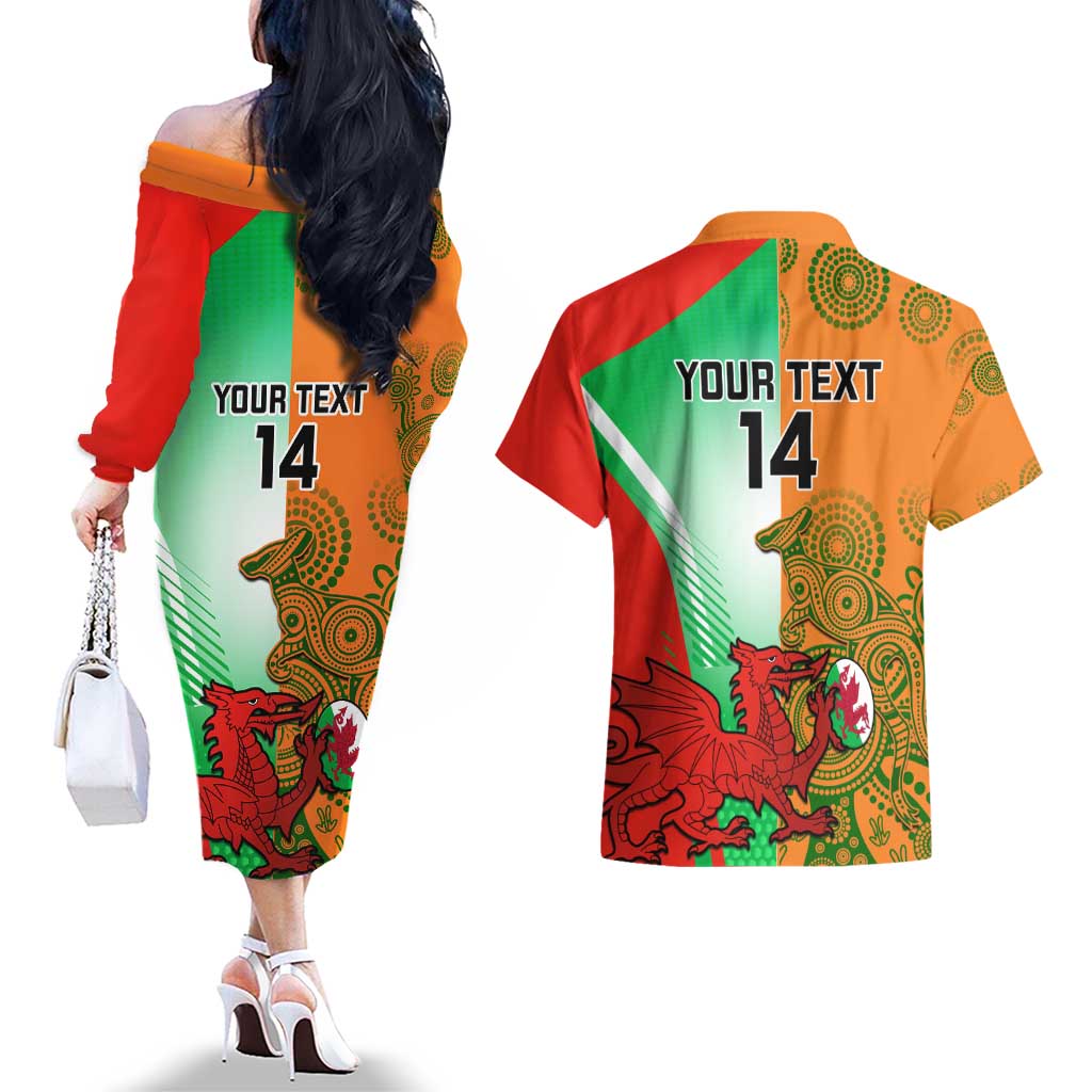 Custom Australia And Wales Rugby Couples Matching Off The Shoulder Long Sleeve Dress and Hawaiian Shirt Wallabies Welsh Mascots Dynamic Version