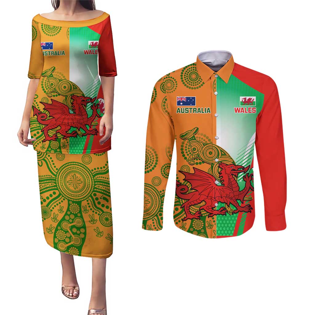 Custom Australia And Wales Rugby Couples Matching Puletasi and Long Sleeve Button Shirt Wallabies Welsh Mascots Dynamic Version
