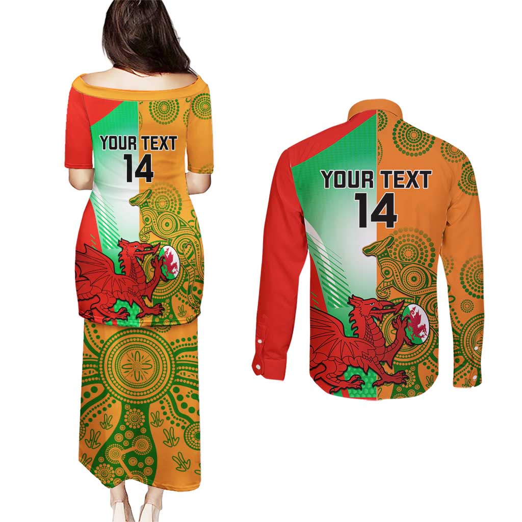 Custom Australia And Wales Rugby Couples Matching Puletasi and Long Sleeve Button Shirt Wallabies Welsh Mascots Dynamic Version