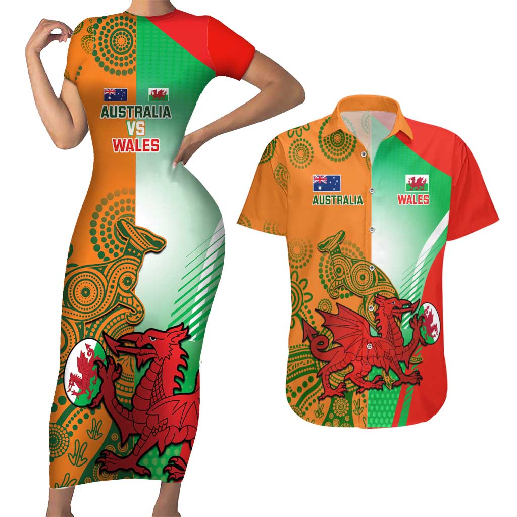 Custom Australia And Wales Rugby Couples Matching Short Sleeve Bodycon Dress and Hawaiian Shirt Wallabies Welsh Mascots Dynamic Version