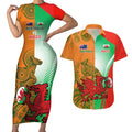 Custom Australia And Wales Rugby Couples Matching Short Sleeve Bodycon Dress and Hawaiian Shirt Wallabies Welsh Mascots Dynamic Version