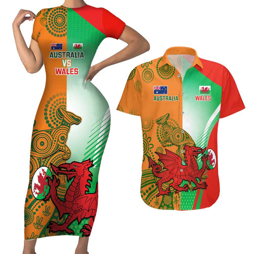 Custom Australia And Wales Rugby Couples Matching Short Sleeve Bodycon Dress and Hawaiian Shirt Wallabies Welsh Mascots Dynamic Version