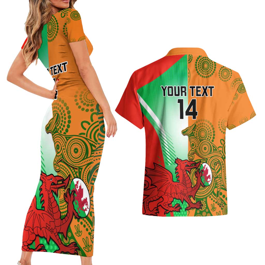 Custom Australia And Wales Rugby Couples Matching Short Sleeve Bodycon Dress and Hawaiian Shirt Wallabies Welsh Mascots Dynamic Version