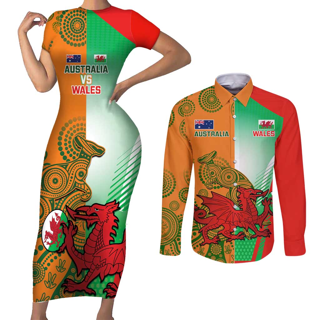 Custom Australia And Wales Rugby Couples Matching Short Sleeve Bodycon Dress and Long Sleeve Button Shirt Wallabies Welsh Mascots Dynamic Version