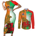 Custom Australia And Wales Rugby Couples Matching Short Sleeve Bodycon Dress and Long Sleeve Button Shirt Wallabies Welsh Mascots Dynamic Version