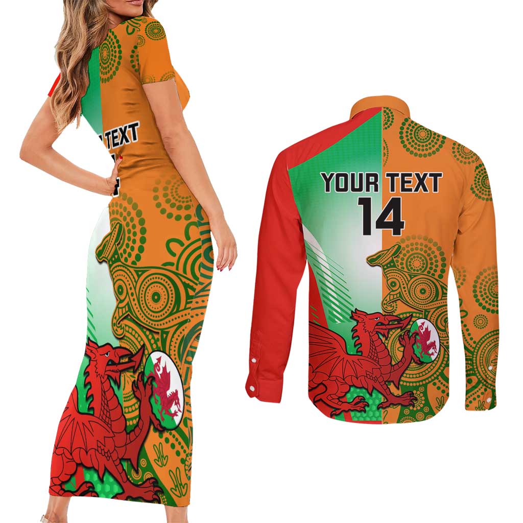 Custom Australia And Wales Rugby Couples Matching Short Sleeve Bodycon Dress and Long Sleeve Button Shirt Wallabies Welsh Mascots Dynamic Version