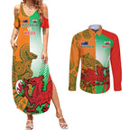 Custom Australia And Wales Rugby Couples Matching Summer Maxi Dress and Long Sleeve Button Shirt Wallabies Welsh Mascots Dynamic Version