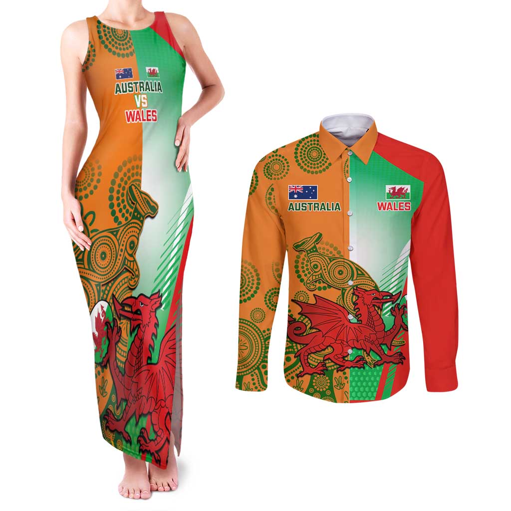 Custom Australia And Wales Rugby Couples Matching Tank Maxi Dress and Long Sleeve Button Shirt Wallabies Welsh Mascots Dynamic Version
