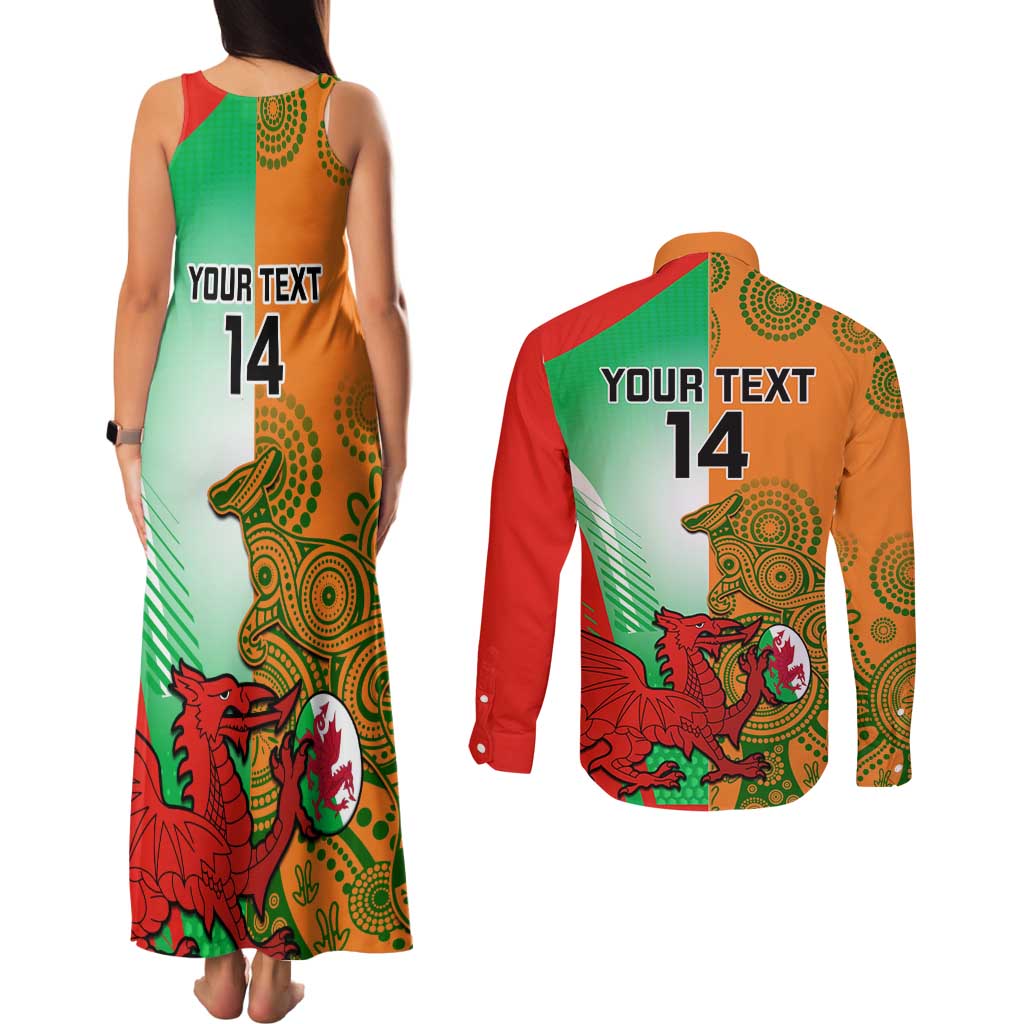 Custom Australia And Wales Rugby Couples Matching Tank Maxi Dress and Long Sleeve Button Shirt Wallabies Welsh Mascots Dynamic Version