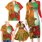 Custom Australia And Wales Rugby Family Matching Long Sleeve Bodycon Dress and Hawaiian Shirt Wallabies Welsh Mascots Dynamic Version