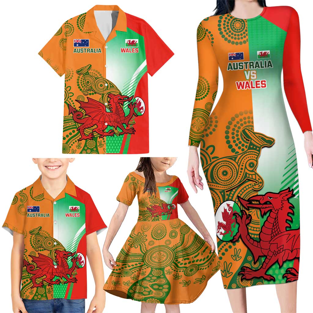 Custom Australia And Wales Rugby Family Matching Long Sleeve Bodycon Dress and Hawaiian Shirt Wallabies Welsh Mascots Dynamic Version
