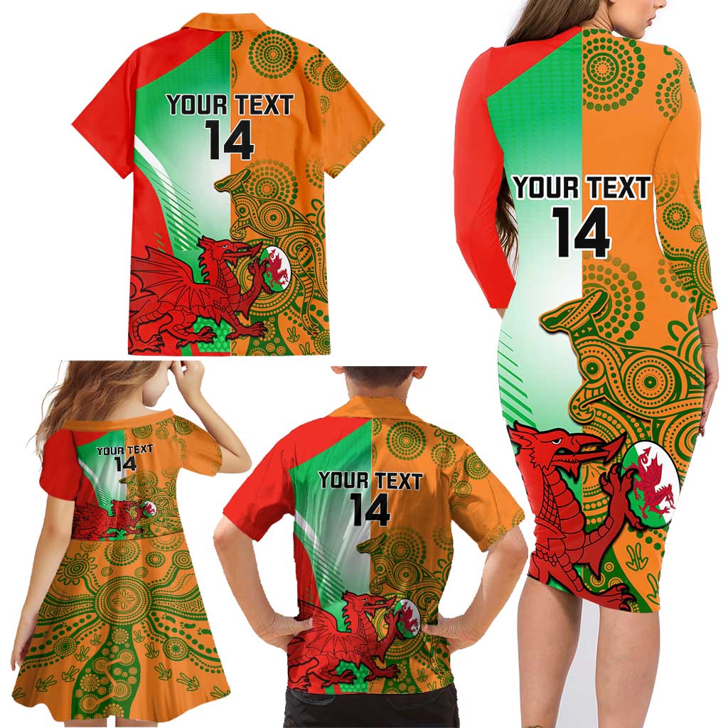 Custom Australia And Wales Rugby Family Matching Long Sleeve Bodycon Dress and Hawaiian Shirt Wallabies Welsh Mascots Dynamic Version