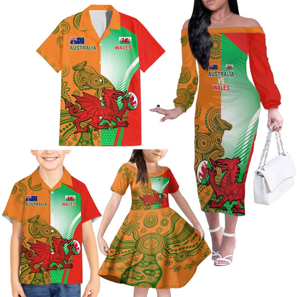 Custom Australia And Wales Rugby Family Matching Off The Shoulder Long Sleeve Dress and Hawaiian Shirt Wallabies Welsh Mascots Dynamic Version