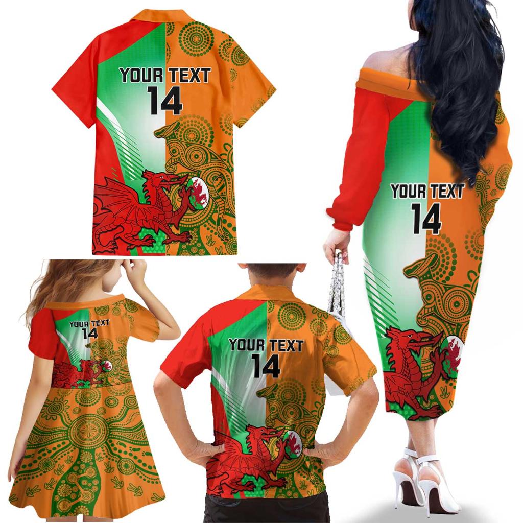 Custom Australia And Wales Rugby Family Matching Off The Shoulder Long Sleeve Dress and Hawaiian Shirt Wallabies Welsh Mascots Dynamic Version