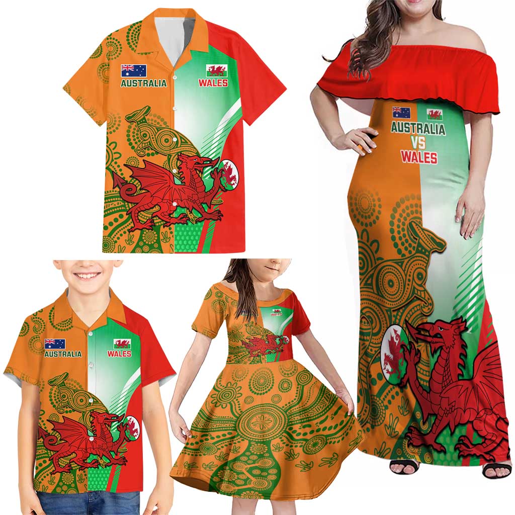 Custom Australia And Wales Rugby Family Matching Off Shoulder Maxi Dress and Hawaiian Shirt Wallabies Welsh Mascots Dynamic Version