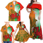 Custom Australia And Wales Rugby Family Matching Off Shoulder Maxi Dress and Hawaiian Shirt Wallabies Welsh Mascots Dynamic Version