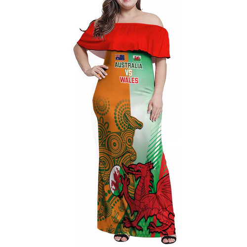 Custom Australia And Wales Rugby Family Matching Off Shoulder Maxi Dress and Hawaiian Shirt Wallabies Welsh Mascots Dynamic Version