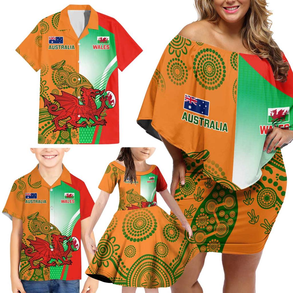 Custom Australia And Wales Rugby Family Matching Off Shoulder Short Dress and Hawaiian Shirt Wallabies Welsh Mascots Dynamic Version