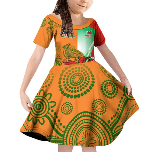 Custom Australia And Wales Rugby Family Matching Off Shoulder Short Dress and Hawaiian Shirt Wallabies Welsh Mascots Dynamic Version