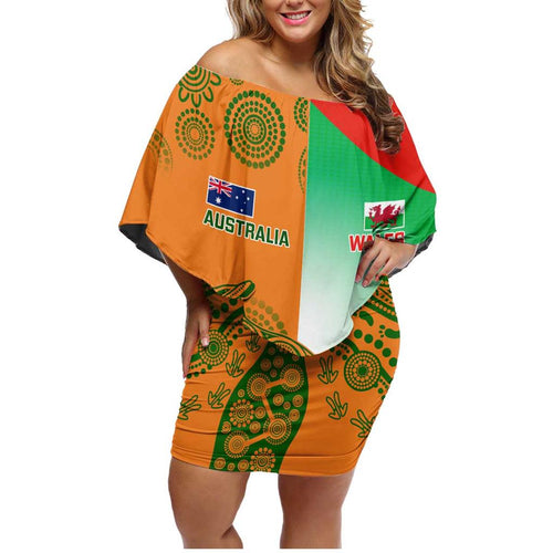 Custom Australia And Wales Rugby Family Matching Off Shoulder Short Dress and Hawaiian Shirt Wallabies Welsh Mascots Dynamic Version