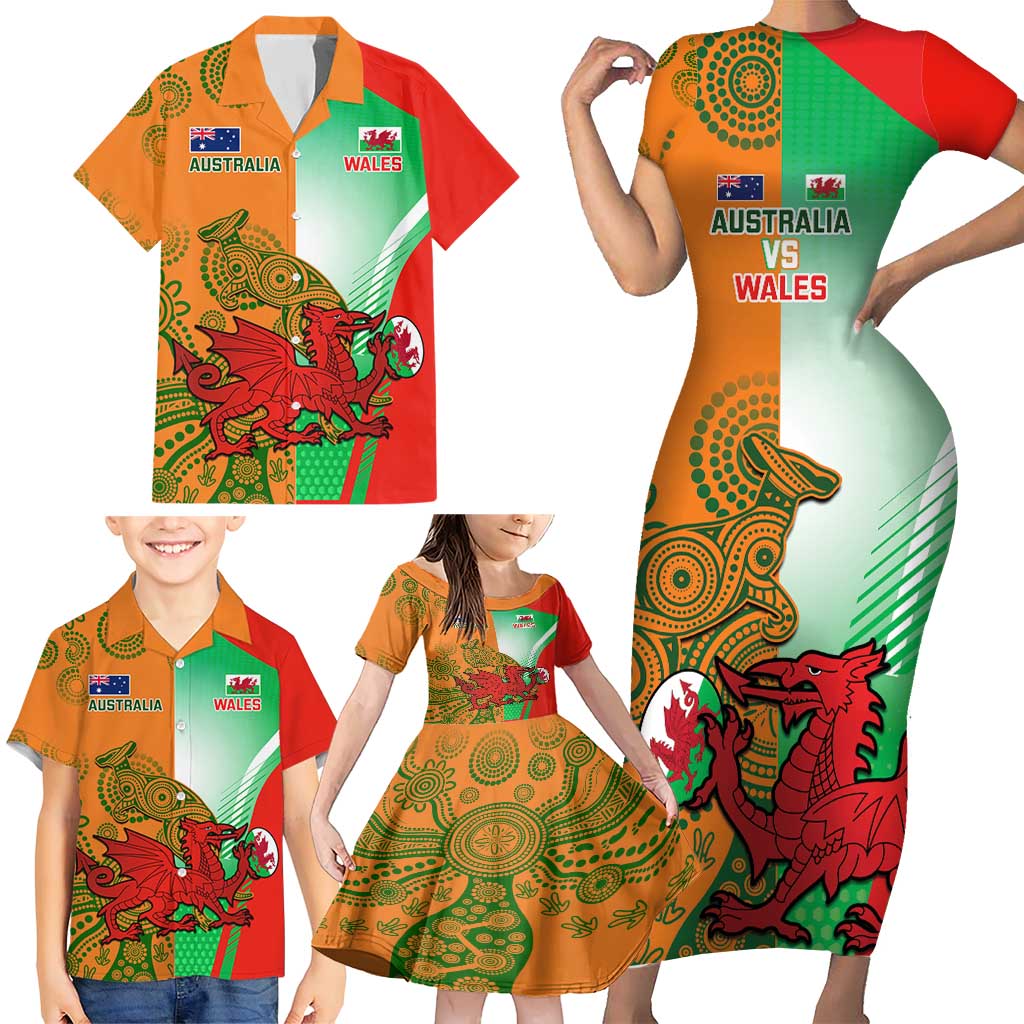 Custom Australia And Wales Rugby Family Matching Short Sleeve Bodycon Dress and Hawaiian Shirt Wallabies Welsh Mascots Dynamic Version
