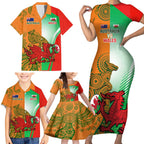 Custom Australia And Wales Rugby Family Matching Short Sleeve Bodycon Dress and Hawaiian Shirt Wallabies Welsh Mascots Dynamic Version