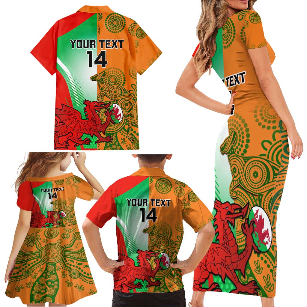 Custom Australia And Wales Rugby Family Matching Short Sleeve Bodycon Dress and Hawaiian Shirt Wallabies Welsh Mascots Dynamic Version