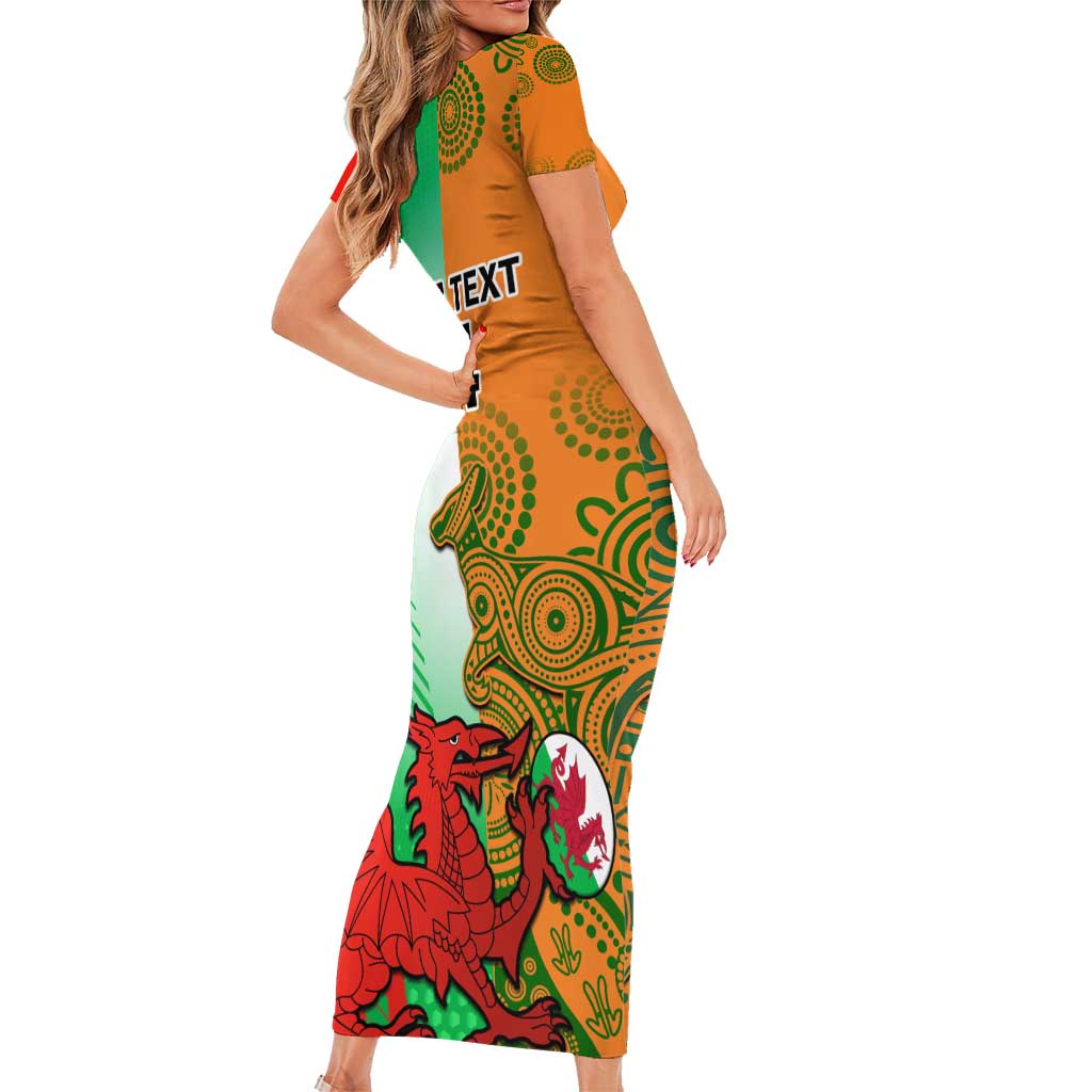 Custom Australia And Wales Rugby Family Matching Short Sleeve Bodycon Dress and Hawaiian Shirt Wallabies Welsh Mascots Dynamic Version