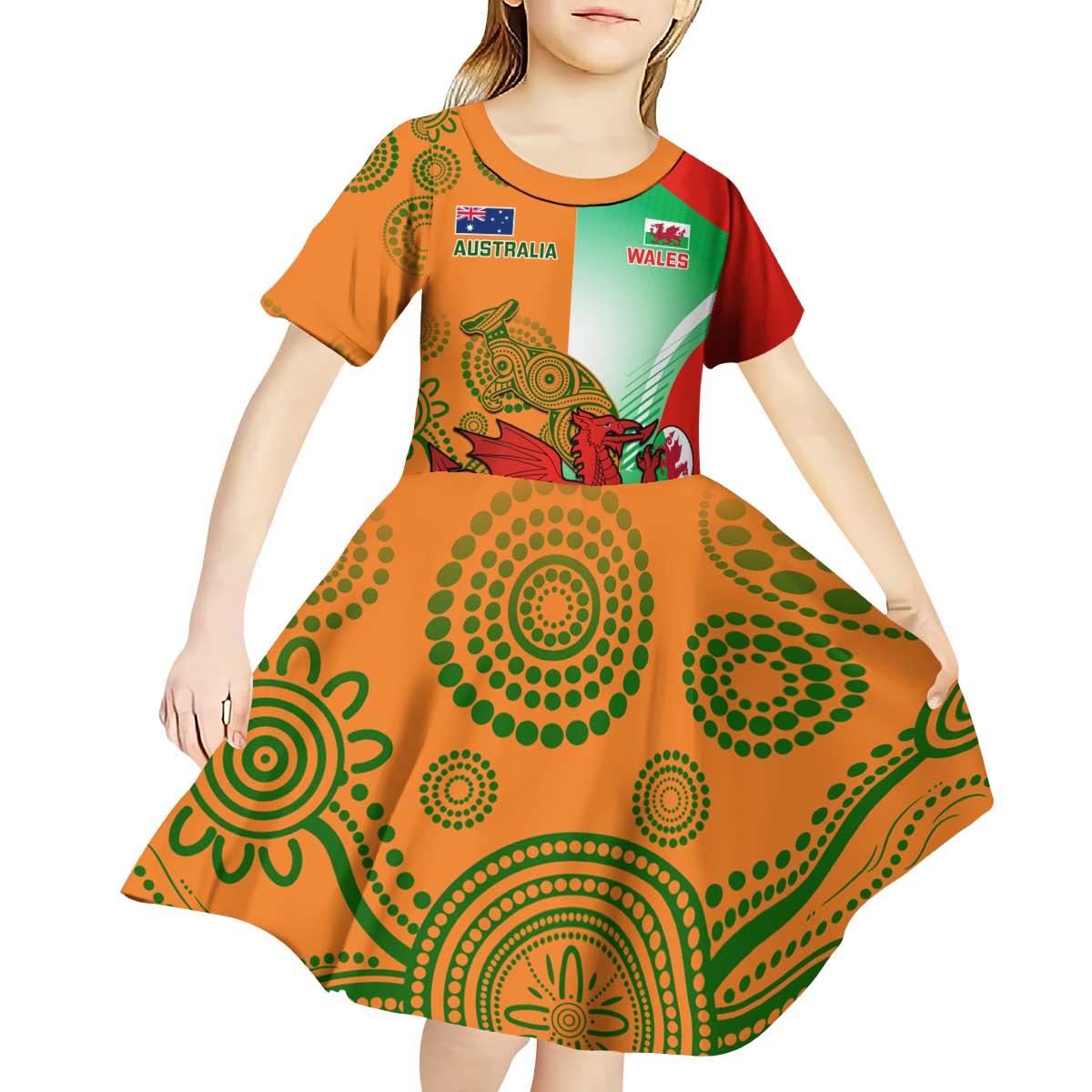 Custom Australia And Wales Rugby Kid Short Sleeve Dress Wallabies Welsh Mascots Dynamic Version