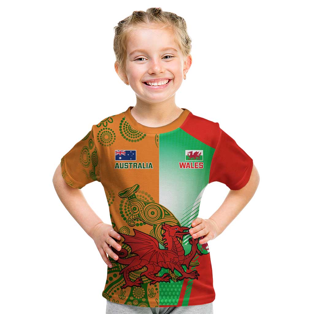 Custom Australia And Wales Rugby Kid T Shirt Wallabies Welsh Mascots Dynamic Version