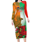 Custom Australia And Wales Rugby Long Sleeve Bodycon Dress Wallabies Welsh Mascots Dynamic Version