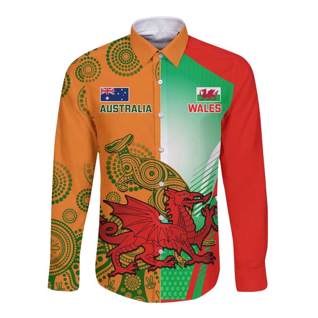 Custom Australia And Wales Rugby Long Sleeve Button Shirt Wallabies Welsh Mascots Dynamic Version