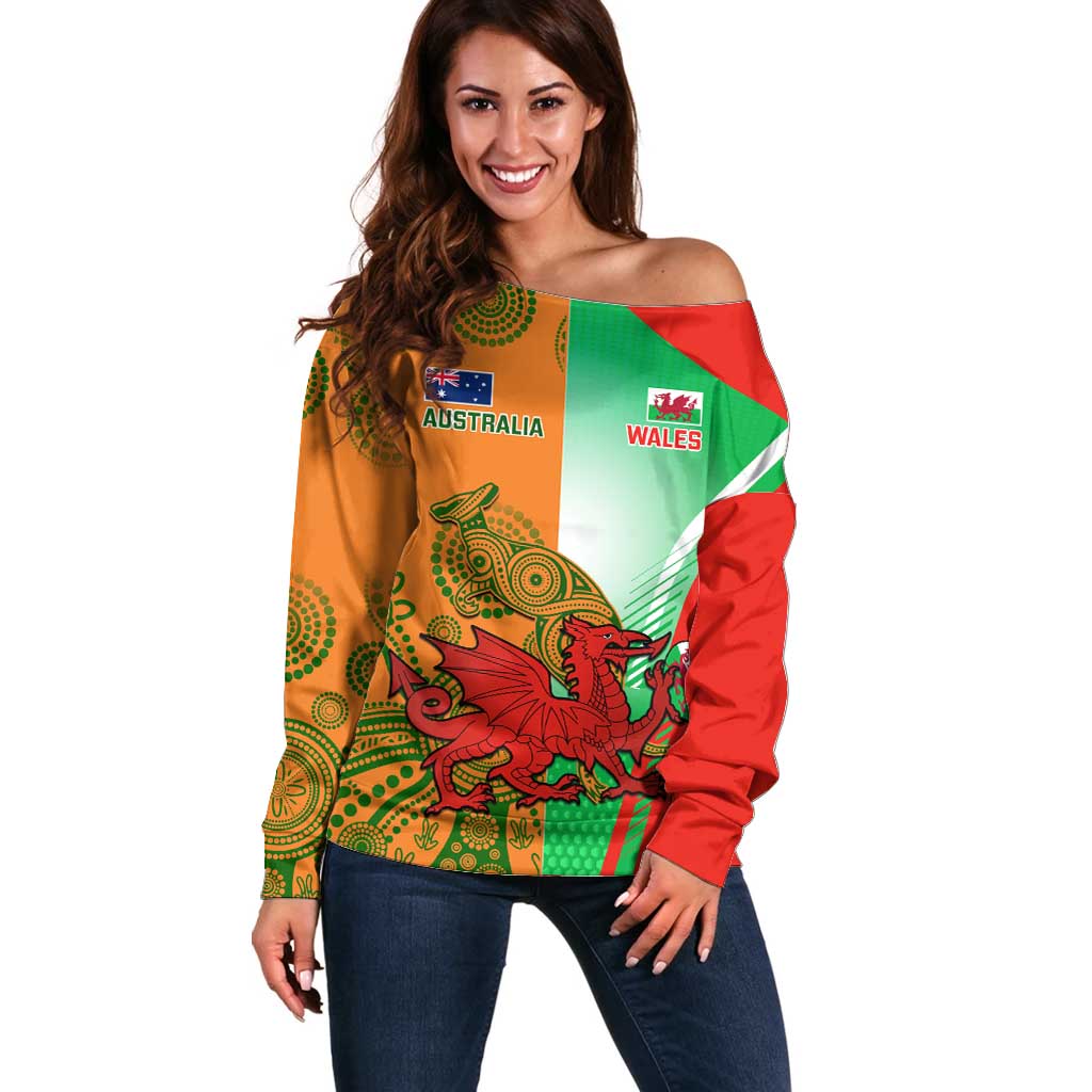 Custom Australia And Wales Rugby Off Shoulder Sweater Wallabies Welsh Mascots Dynamic Version