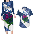 Custom Scotland Rugby Couples Matching Long Sleeve Bodycon Dress and Hawaiian Shirt 2024 Go Champions Scottish Thistles