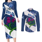 Custom Scotland Rugby Couples Matching Long Sleeve Bodycon Dress and Long Sleeve Button Shirt 2024 Go Champions Scottish Thistles