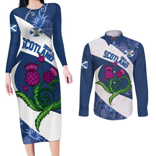 Custom Scotland Rugby Couples Matching Long Sleeve Bodycon Dress and Long Sleeve Button Shirt 2024 Go Champions Scottish Thistles