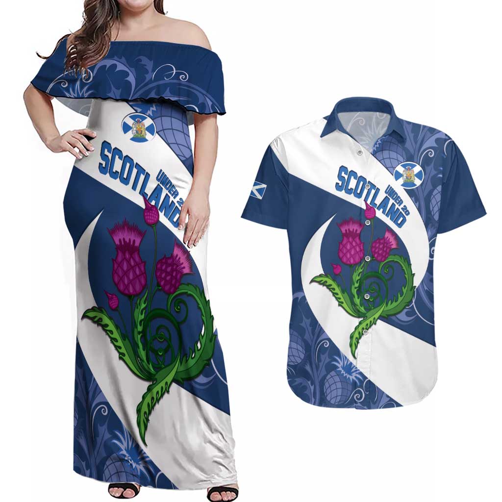 Custom Scotland Rugby Couples Matching Off Shoulder Maxi Dress and Hawaiian Shirt 2024 Go Champions Scottish Thistles